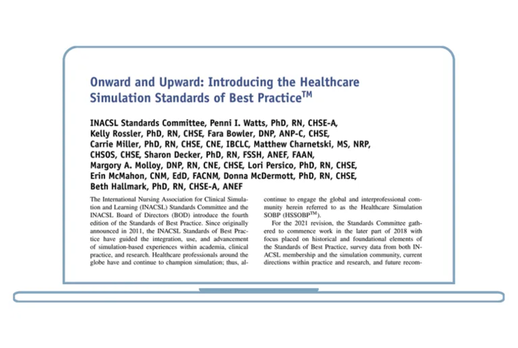 Onward and Upward: Introducing the Healthcare Simulation Standards of Best Practice paper displayed on a laptop screen