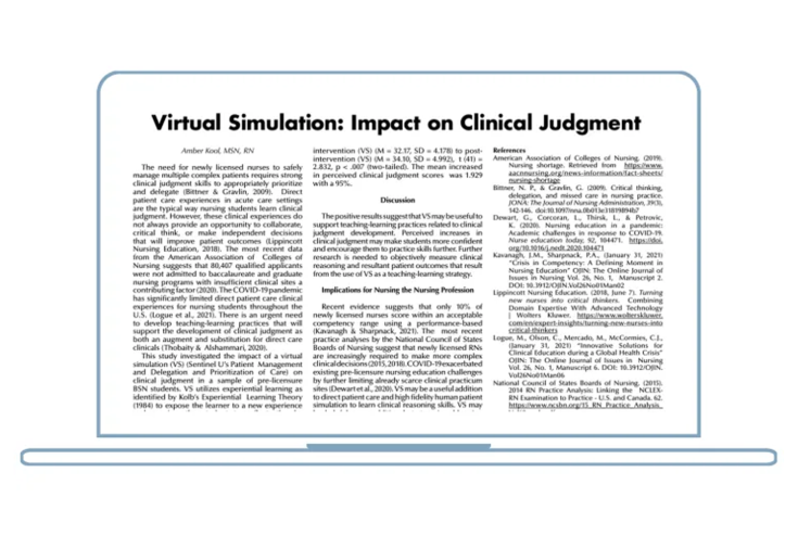 Virtual Simulations: Impact on Clinical Judgement paper displayed on a laptop screen